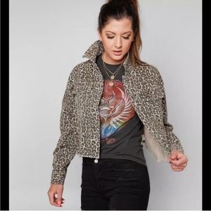 Free People Leopard Print Crop Denim Jacket - Size Large